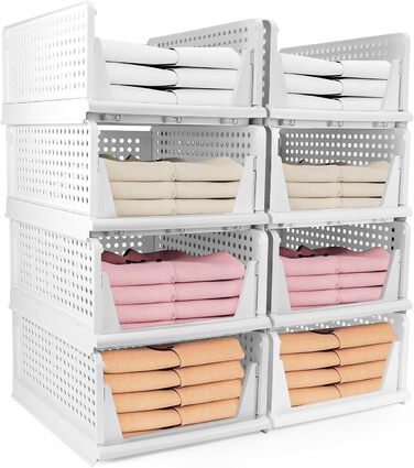 Diealles Stackable Drawer Boxes, 4 Pack Closet Organizer Pull Out, Plastic Drawer Insert Closet, Foldable Closet Drawers for Clothes Closet Pantry (White) (8 Pack White)