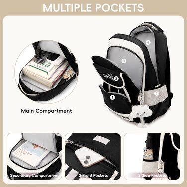 Шкільний рюкзак для дівчинки-підлітка, легкий водонепроникний, з милим брелоком. Підходить для 3-5 класів та старшої школи. Великий рюкзак для підлітків - фіолетовий (чорний)