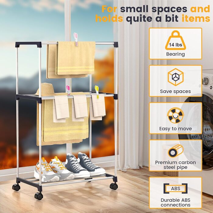 Сушарка для білизни мобільна, 3-ярусна, з коліщатками для ванної кімнати, квартири та пральні