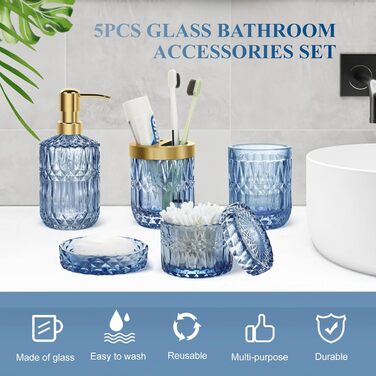 Набір аксесуарів для ванної кімнати 5 предметів, чорний дозатор для мила та лосьйону, мильничка, підставка для зубних щіток, стаканчик, склянка для ватних паличок, прозорий скляний бокс (Синій)