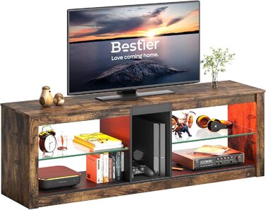 ТВ-тумба Bestier для телевізорів до 65 дюймів, 140×35×47 см, з LED-підсвіткою, кабель-менеджментом, скляною полицею, коричнева