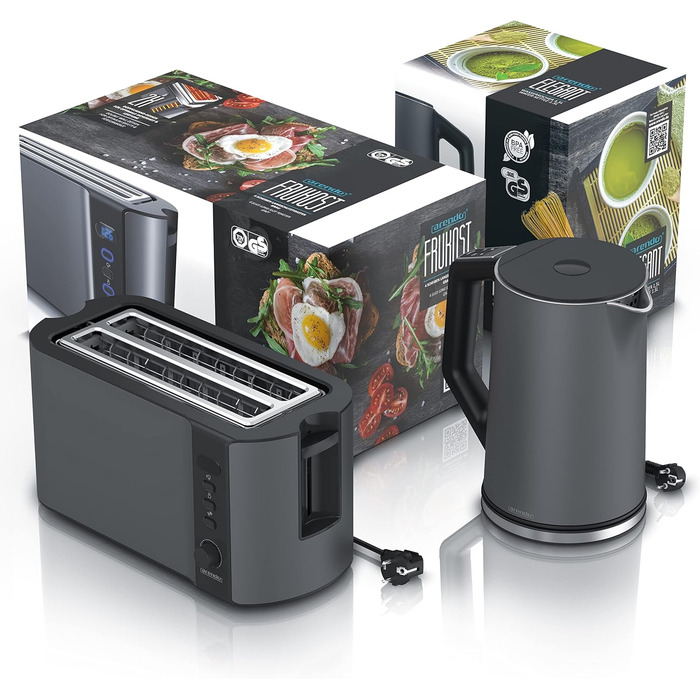 Електричний чайник та тостер Arendo SET з нержавіючої сталі Cool Grey, 1.5л, 40-100°C, підігрів, тостер на 4 тости, LED-дисплей, 6 рівнів підсмажування, підставка для булочок