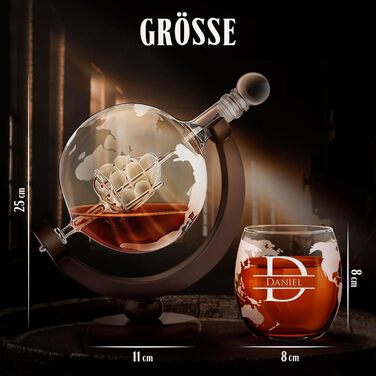 Maverton Whisky Decanter with Engraving - Globe with Ship, 850 ml - 2 Whisky Glasses Set - Whisky Decanter - Christmas Gifts - Personalized Birthday Gift for Men - Engraving