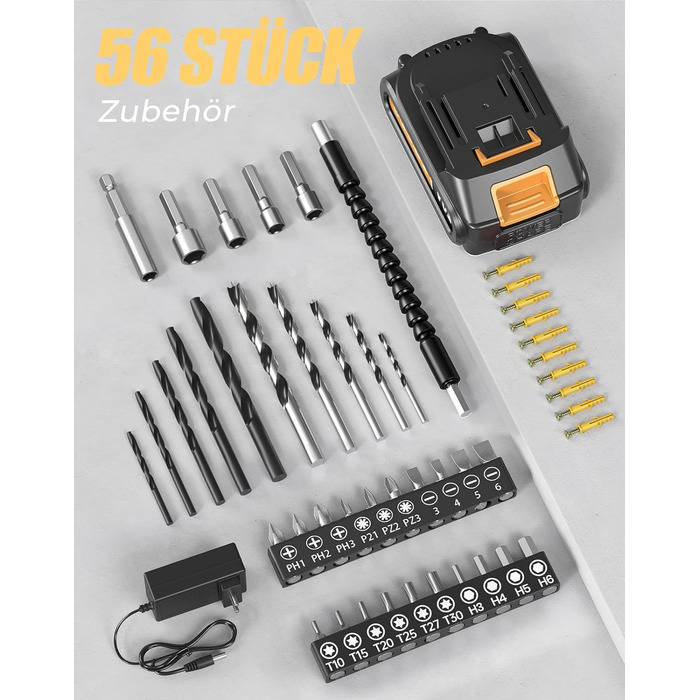 Акумуляторний шуруповерт/дрель 20V, 56 шт. в наборі, 42Nm, LED-підсвітка, сірий колір, для ремонту та DIY-проєктів