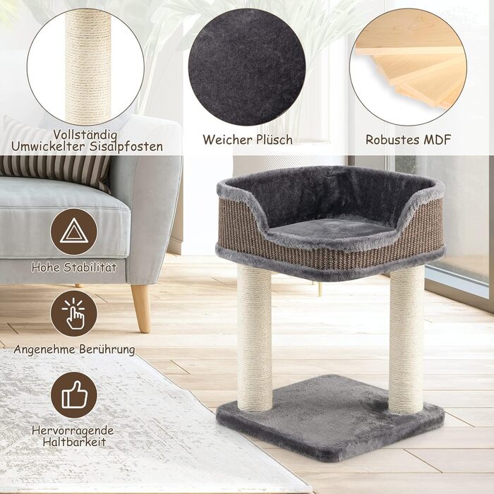 COSTWAY Cat Tree Small, Cat Tree with Large Plush Seat, Wooden Cat Scratching Post, Cat Cat Furniture Climbing Tree, Activity Tree Play Tree, Natural Sisal Tower with Scratching Posts (Gray)