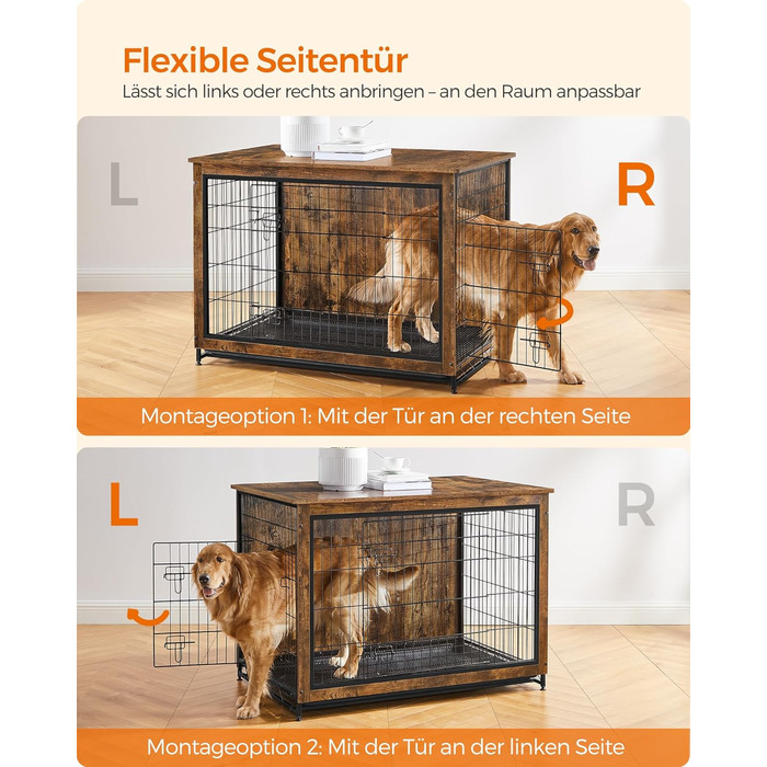 Клітка для собак Feandrea з функцією столику, сучасна собача будка для собак до 36 кг, міцна, для дому, з висувним піддоном, 2 двері, вінтажний коричневий PFC004X01, 112 x 75 x 82 см