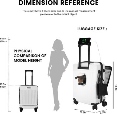 Валіза ручної поклажі 20 дюймів з відділенням для ноутбука, легка валіза з жорстким корпусом та TSA-замком, кабінний багаж на спінених колесах, USB-зарядний пристрій та тримач для напоїв (білий)