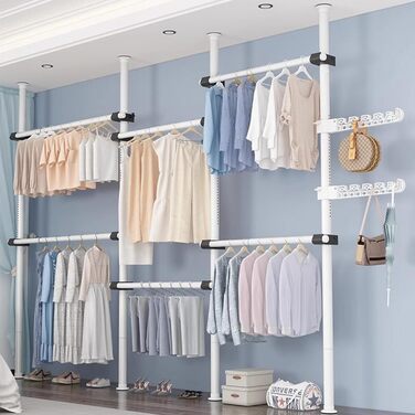 Телескопічна система для гардеробу, штанга для одягу зі 6 штангами, телескопічна шафа для одягу з 2 гачками, регульована полиця 110-300 см, для дому та магазину одягу, білий