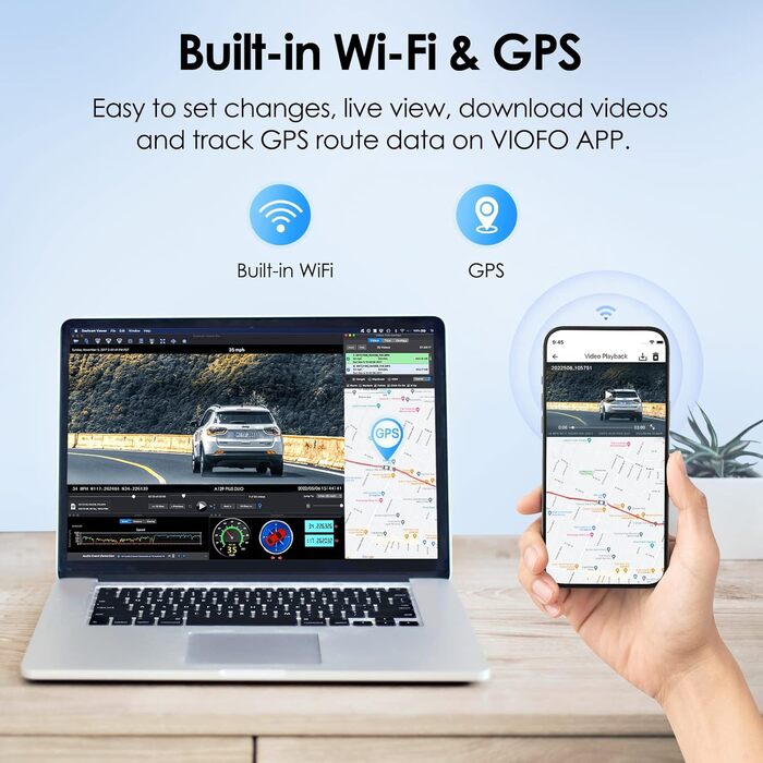 Відеореєстратор VIOFO A129 Plus Duo з двома камерами, GPS, WiFi, 2K (1440P) та 1080P, запис спереду та ззаду, моніторинг через додаток, G-сенсор, режим паркування, надсилання у випадку надзвичайної ситуації, Superkondensator