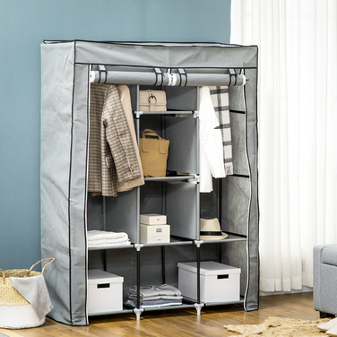 HOMCOM Fabric Closet with Hanging Rod, Folding Wardrobe 8 Tiers, Light Grey for Bedroom & Hallway