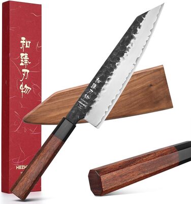 Японський ніж Kiritsuke Messer 21.5 см, сталь 3 шари, професійний, ручка з червоного дерева, дерев'яна піхва