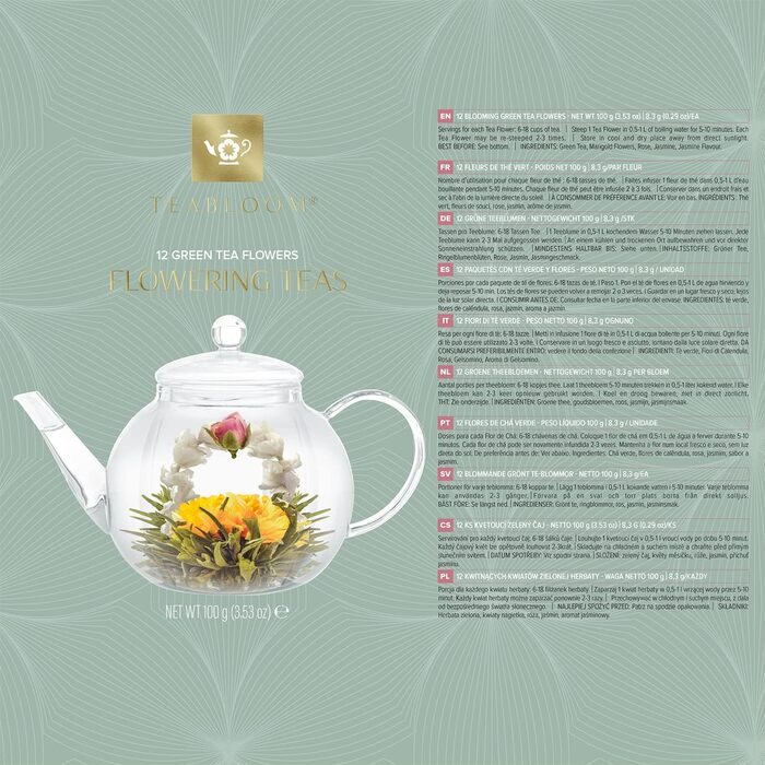 Набір для чаю Teabloom: чайник 1,2 л зі скла, 4 скляні чашки та 12 чайних квітів жасмину