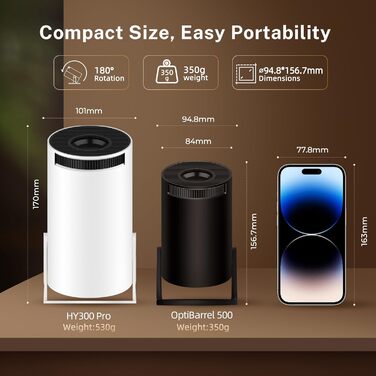 Lyncast OptiBarrel 500: Портативний проєктор 4K з Wi-Fi 6, Bluetooth 5.4, Android 11 та підтримкою iOS/HDMI/USB. Чорний