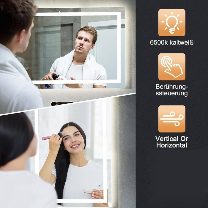 Дзеркало для ванної кімнати з підсвічуванням 50x70 см LED, з сенсорним вимикачем, срібне