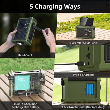 Радіоприймач Kurbelradio з DAB/DAB+/UKW, акумулятор 12000mAh, сонячна панель 8500mm², ручний генератор, Bluetooth 5.0, ліхтарик та світло для читання, для відпочинку на природі, кемпінгу, зелений