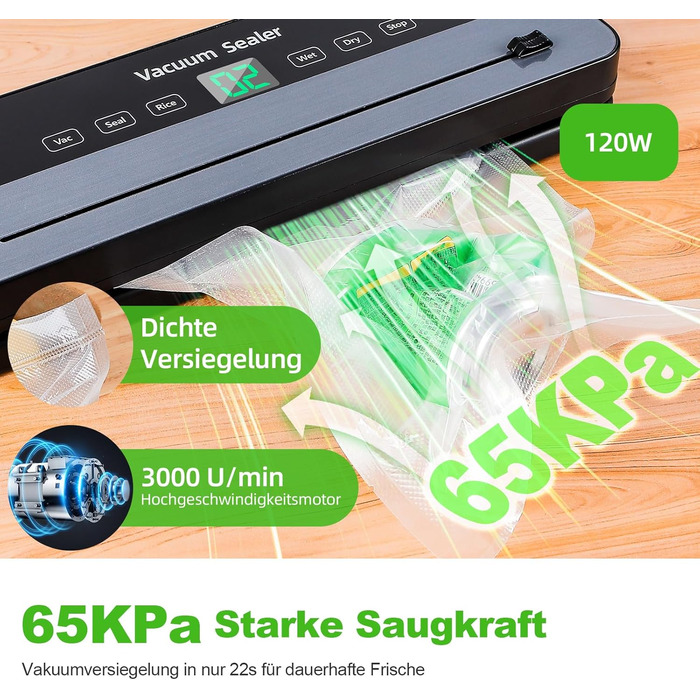 Вакуумний пакувальник Obecilc 7-в-1 з ріжучим ножем, 65 кПа, сухий/вологий режим, 10 пакетів, для дому та ресторану