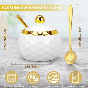 Керамічні солянки та цукерниці з кришкою та ложкою, зелений малюнок мармуру (білий)