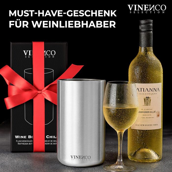 Охолоджувач для вина Vinenco з нержавіючої сталі, для шампанського та секту, з подвійними стінками, ізольований | Охолоджувач для винних пляшок, білого вина, аксесуар для вина, подарунковий набір для чоловіків та жінок