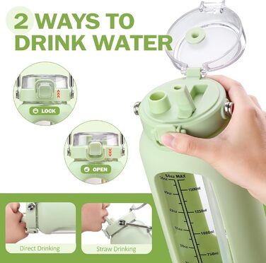 BLUEGO 2000ml Glass Water Bottle with Stainless Steel Handle and Time Marker 2L Motivation Glass Dryer with Silicone Case and Straw for Gym, Office, Outdoors, Sports Water Bottles BPA-free, (Light Green)