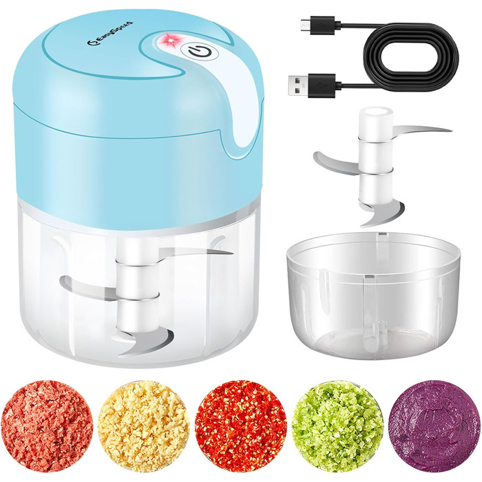 Електричний міні-подрібнювач EASYSPEED Zerkleinerer: 250 мл, для м'яса, овочів, дитячого харчування, кемпінгу (блакитний)