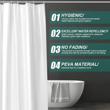 Шторка для душу URAQT, водонепроникна, антигрибкова, швидковисихаюча, PEVA, 180x180 см, 12 кілець, для ванни (Біла)