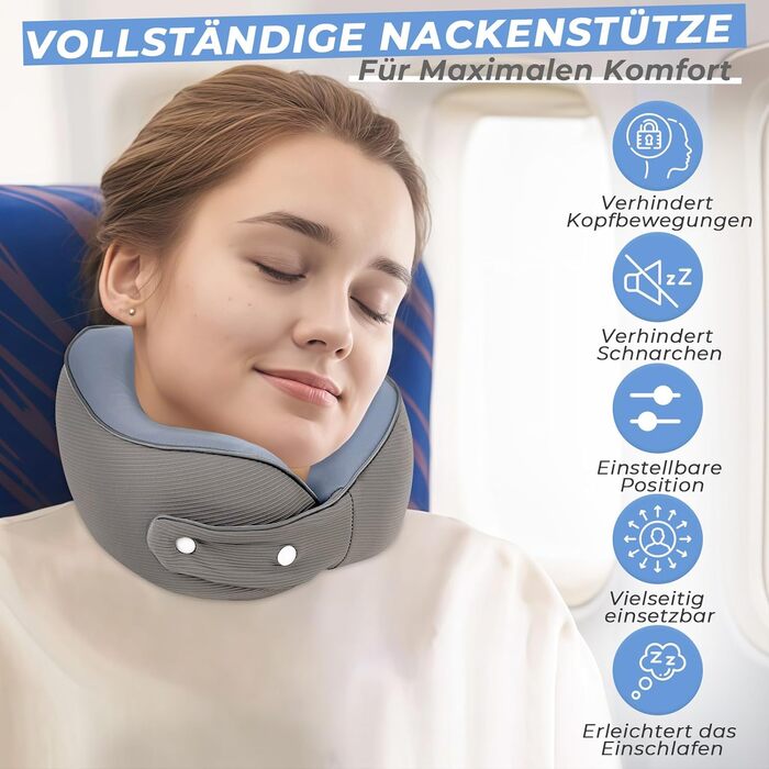 Travel Memory Foam Neck Pillow with Storage Box - Orthopedic Support for Airplane, Car, Train - Gray