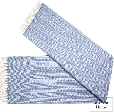 LYHome Merino Blanket - Throw Blanket, Daybed Blanket, Sofa Wool Blanket, Blanket Coverlet, Living Room Blanket, Fluffy Couch Blanket, Merino Blanket, Fluffy Warm Throw (140x200 cm | Blue - White Chevron)