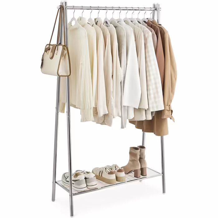 SONGMICS Clothes Rack, Coat Rack, Wardrobe, Clothes Storage, Steel Frame, with Rod and Shelf, 33.5 x 92.5 x 153 cm, for Bedroom, Hallway, Laundry Room, White HSR023W01 (Silver)