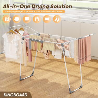 Сушарка для білизни KINGBOARD розкладна велика, крилатий сушарка висувна 174x97x156 см, стійка сушарка з антиковзними ніжками для дому та вулиці, біла