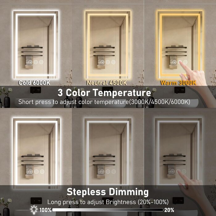 Дзеркало для ванної кімнати 40x60 см з LED-підсвічуванням, антизапар, регулювання яскравості, 3 кольори світла