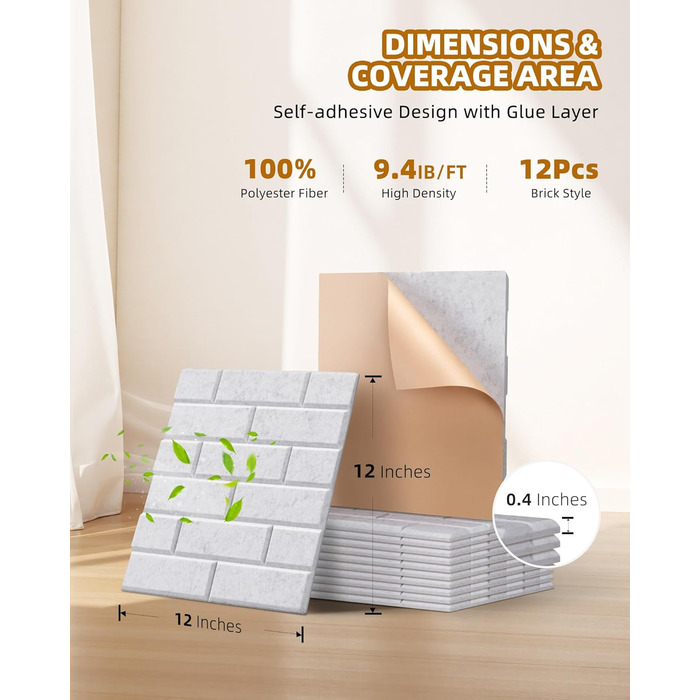 Акустичні панелі Jamelo 3D цегла самоклейні, 30x30x0,9 см, 12 шт. — звукоізоляція та декорування стін для студії, спальні та офісу (світло-сірий)