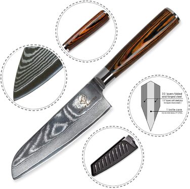 Ніж Santoku з дамаської сталі Wolfblood (24 см) – професійний кухонний ніж з 67 шарів дамаської сталі, дерев'яною ручкою, подарункова коробка та захист леза