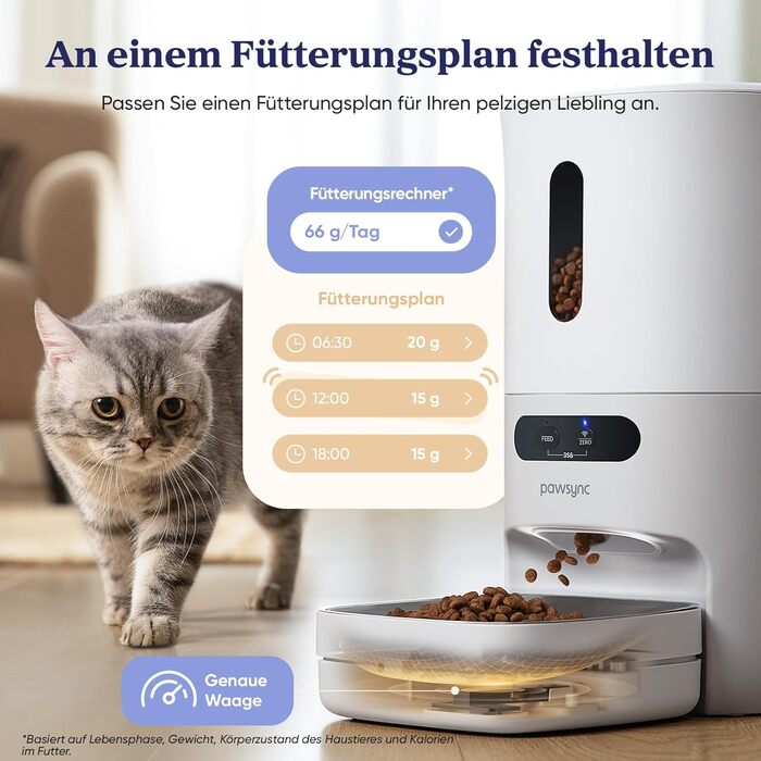 Автомат годування для тварин Pawsync Smart: 3 шт., індикатор зміни кольору, сухий корм, свіжість до 3 місяців, сповіщення через додаток, білий та сірий