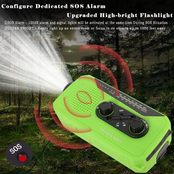 Радіо Solar-Radio з ручним приводом, AM/FM, погода, ліхтарик, SOS-сигнал, акумулятор 2000 mAh, Powerbank, роз'єм для навушників - для надзвичайних ситуацій та активного відпочинку (зелений)