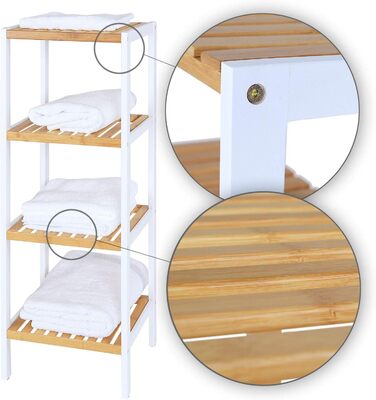 Dibea Bathroom Shelf with 4 Shelves, Living Room Shelf, Standing Shelf, Bamboo Shelf, Bathroom Shelf, Book Shelf, Corner Shelf, Kitchen Shelf, 33x33x98 cm, natural/white