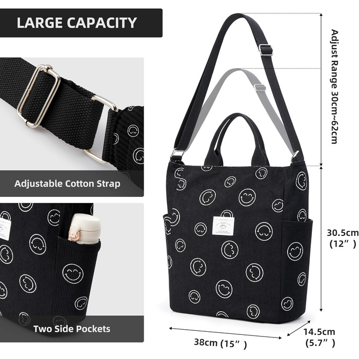 Сумка KALIDI Cord Shopper жіноча повсякденна для школи, роботи, покупок (Blacksmile)