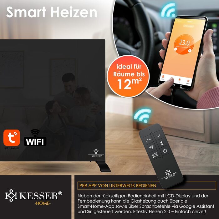 Інфрачервовий обігрівач KESSER® з функцією 2 в 1: підлоговий та настінний. Економний електрообігрівач з термостатом, датчиком відчинених вікон, пультом та керуванням через додаток (500W, чорний)