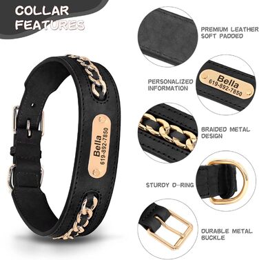 Стильний шкіряний нашийник для собак Didog: чорний, регульований, з гравіюванням, L (17.0-20.0 см)