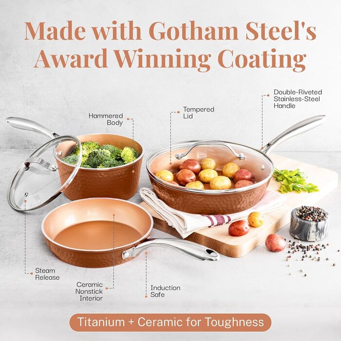 Сковорода Gotham Steel 12 дюймів з антипригарним покриттям та кришкою, Hammered Copper Collection, преміум-алюмінію, нержавіючі ручки, індукційна плита, 30,5 см