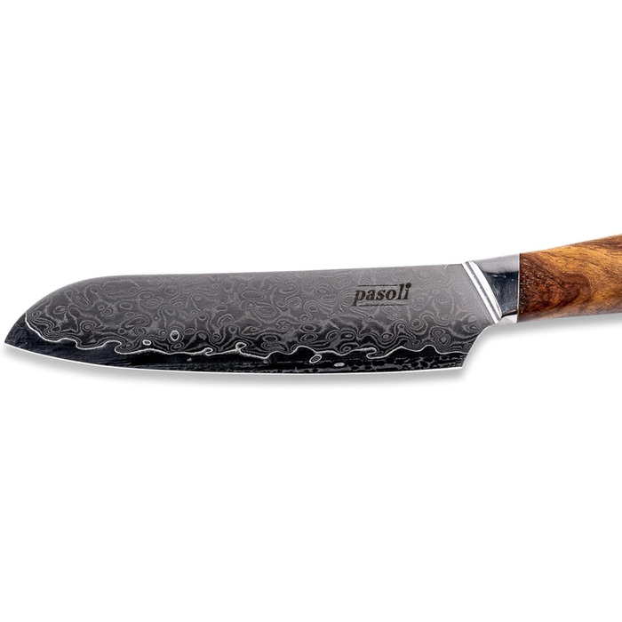 Pasoli Damascus Santoku Knife incl. Blade Protector | 67-Layer VG-10 Damascus Steel | Sharp 13 cm Blade | Elegant Wooden Handle | Ideal Chef's Knife