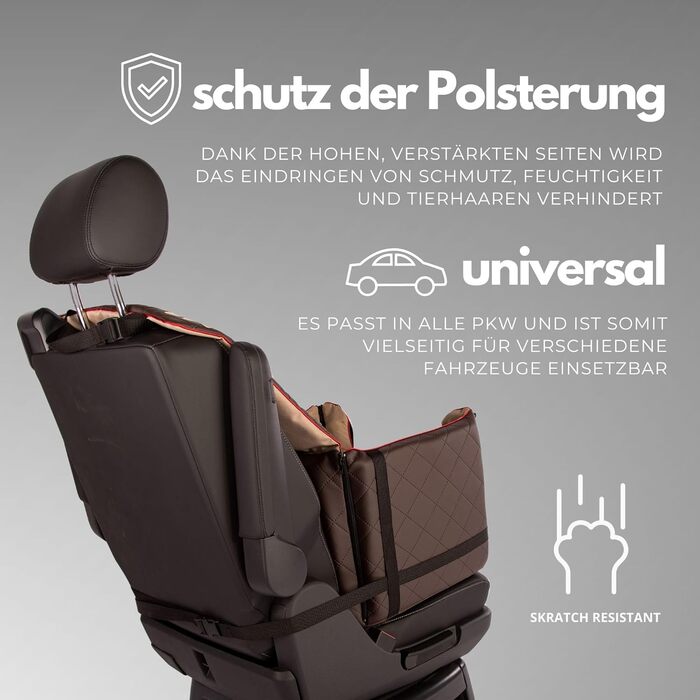 Автомобільний лежак для собак Golden Dog - безпечний транспортувальний бокс з ременями безпеки, 52x44x33 см, коричневий, з водонепроникної шкіри