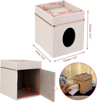 BTSKY Square Linen Tissue Box Holder with Top Shelf – Household Office Table Tissue Box with Jewelry Holder on Top, Beige