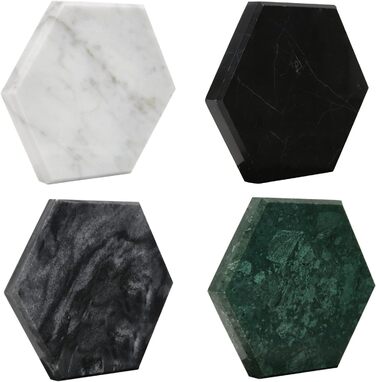 Marble Coasters for Drinks with Metal Stand for High-End Lifestyle (Set of 6) (Hexagonal, Emerald Green)