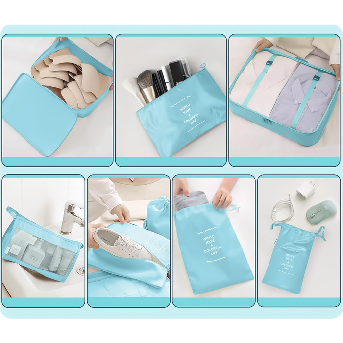 Органайзери для валізи OBSGUMU, набір 9 шт. - Кубики для пакування, косметичка, аксесуари для подорожей (блакитний)