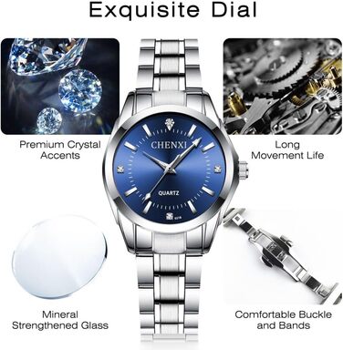 Жіночий аналоговий кварцовий годинник з нержавіючою сталею, 3 стрілки, корпус 27 мм (срібний, темно-синій)