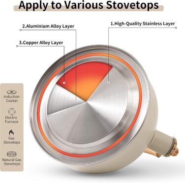 Чайник для плити LONFFERY 2.5 л з свистком, з нержавіючої сталі, з дерев'ястим декором, складаний ручка, кремово-білий