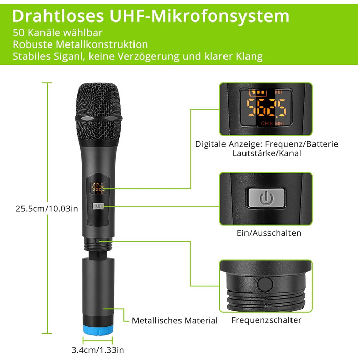 LiNKFOR UHF мікрофонний комплект з 4-ма ручними мікрофонами, 50 каналів, Bluetooth, AUX - для DJ, співу, церкви, весіль