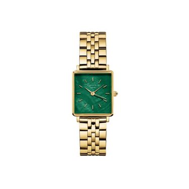 Жіночий годинник Rosefield Boxy XS з білим циферблатом Sunray, золотистий корпус та зелений ремінець, 22x24 мм