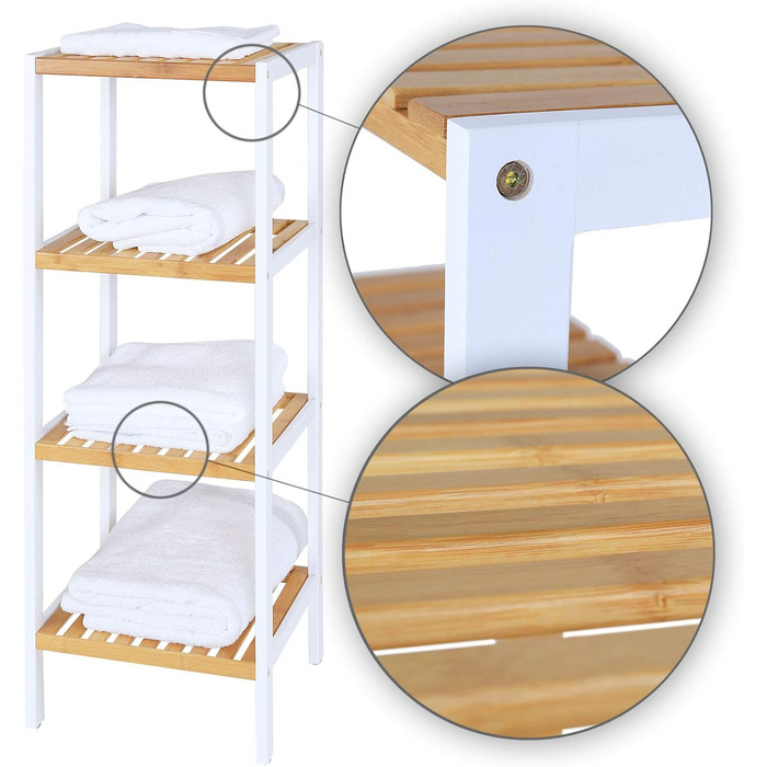 Dibea Bathroom Shelf with 4 Shelves, Living Room Shelf, Standing Shelf, Bamboo Shelf, Bathroom Shelf, Book Shelf, Corner Shelf, Kitchen Shelf, 33x33x98 cm, natural/white