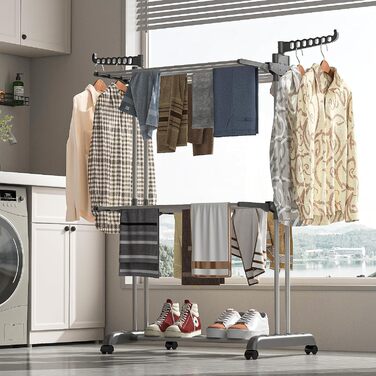 Foldable Stainless Steel Clothes Rack with Wheels, Portable, for Indoor and Outdoor Use, White/Gray (Gray-1)